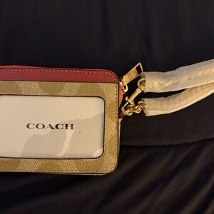 Coach Card Holder with Strap - Red and Tan